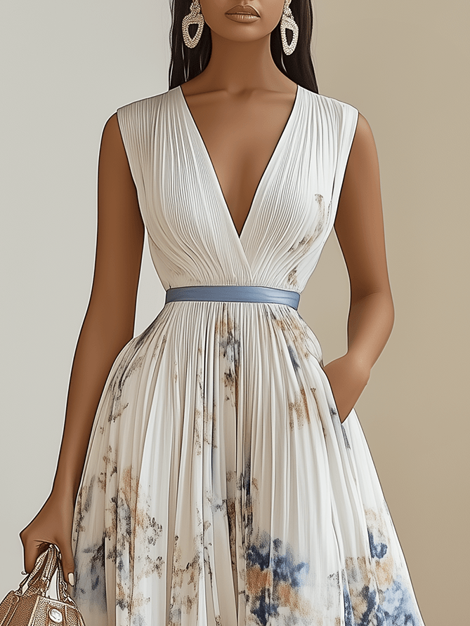 Women’s Floral V-Neck Pleated Midi Dress