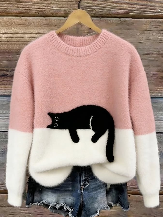 Women’s Cat Graphic Crewneck Pullover Sweater