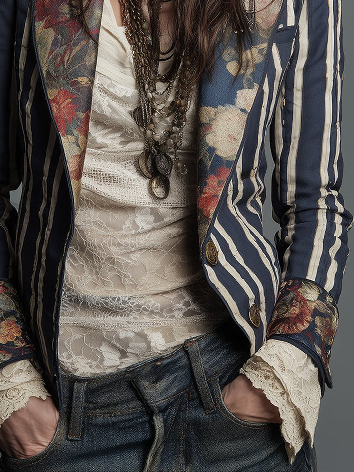 Women’s Boho Floral Print Striped Blazer