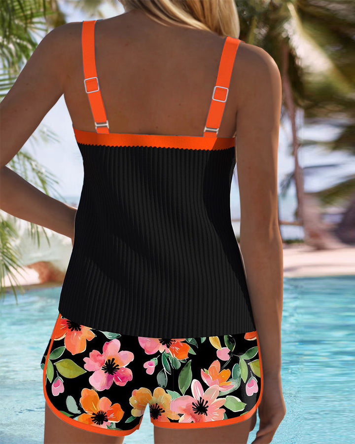 Women’s Ribbed Two-Piece High Waisted Tankini Shorts Set