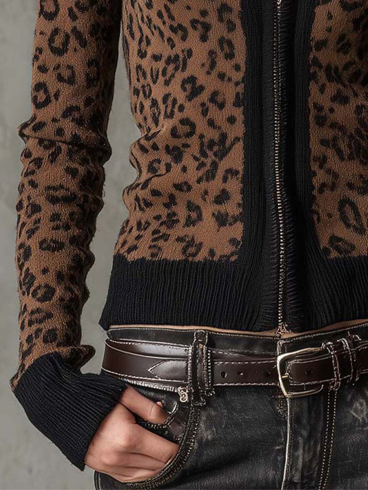 Women’s Vintage Leopard Print Slim Fit Zip Up Cardigan