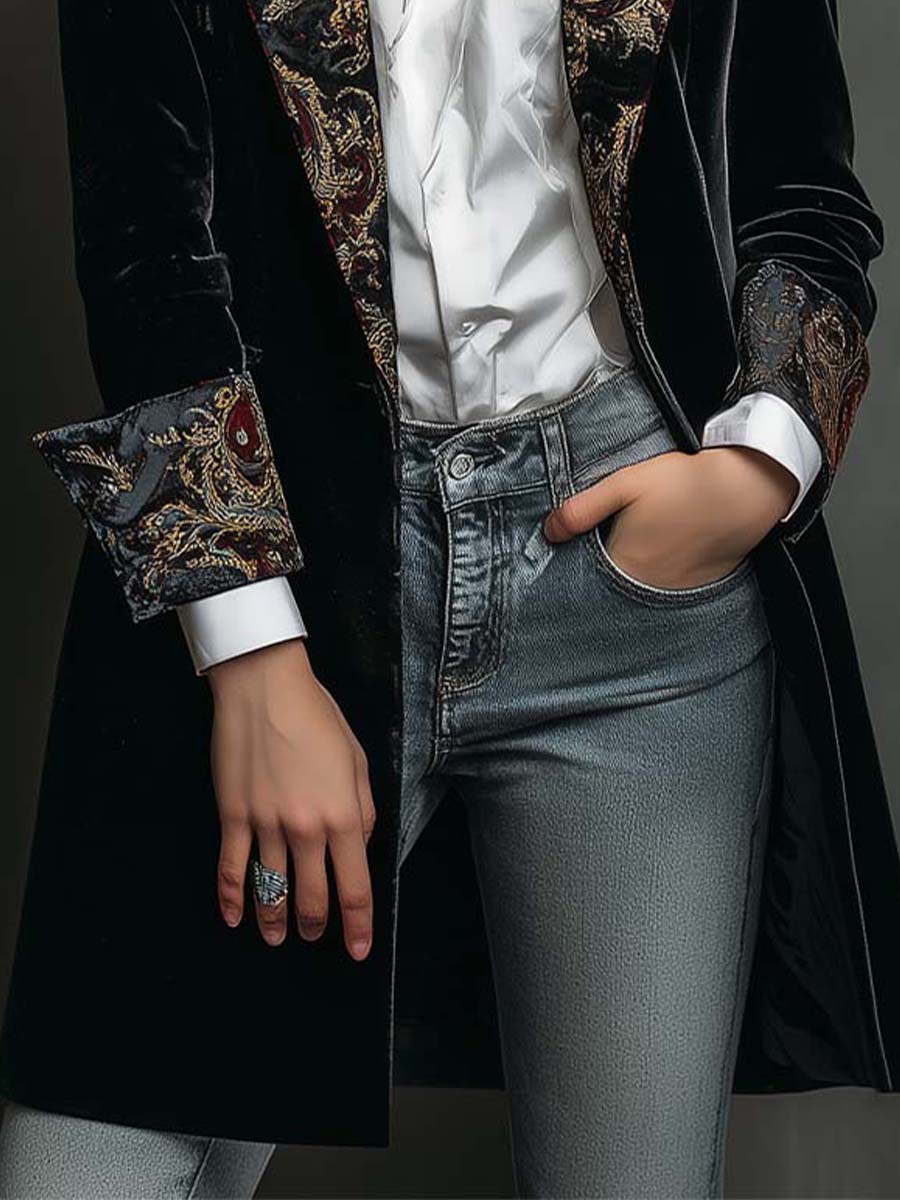 Men’s Black Baroque Print Lapel Slim Fit Blazer