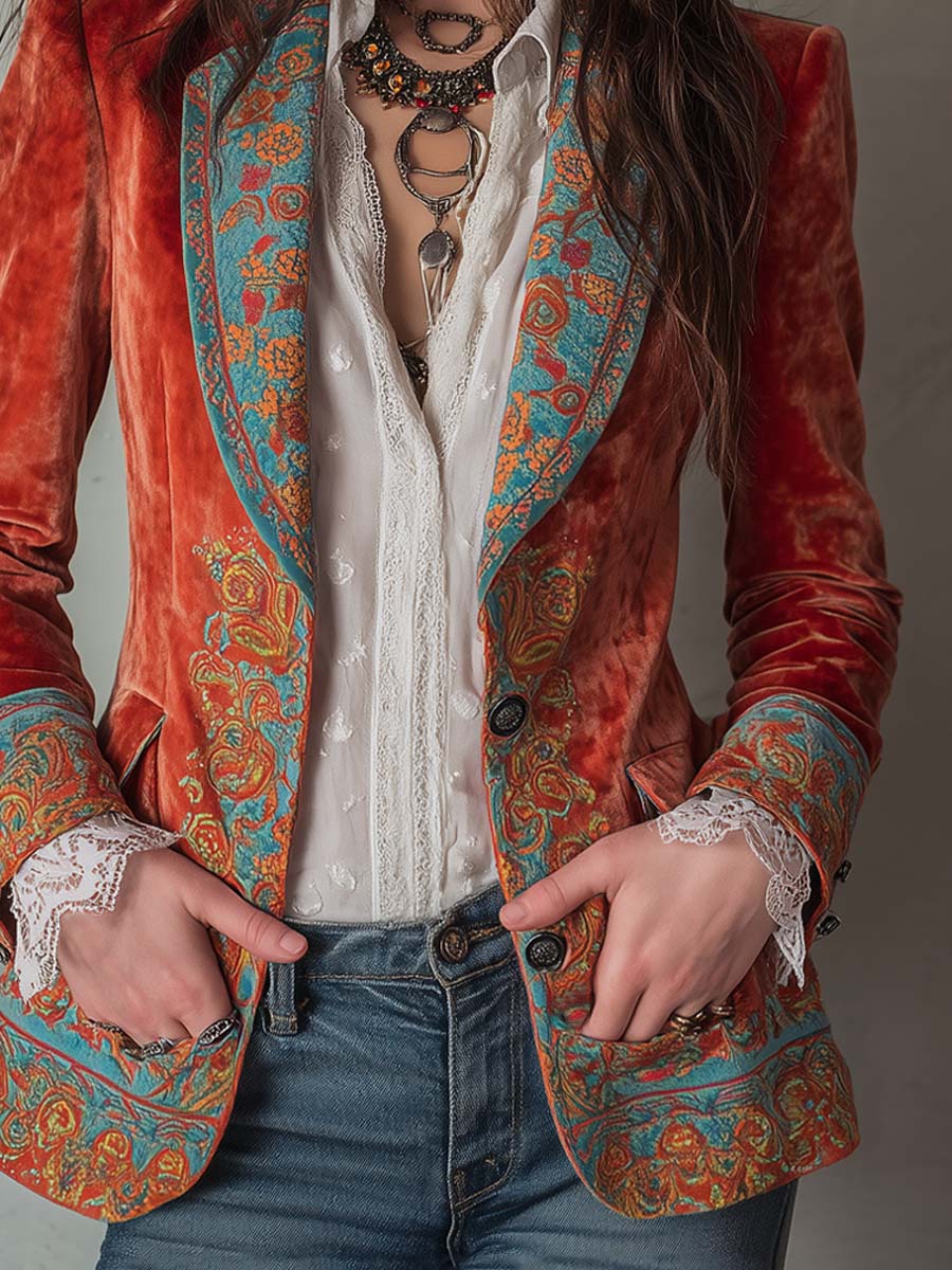 Women’s Retro Colorblock Printed Blazer