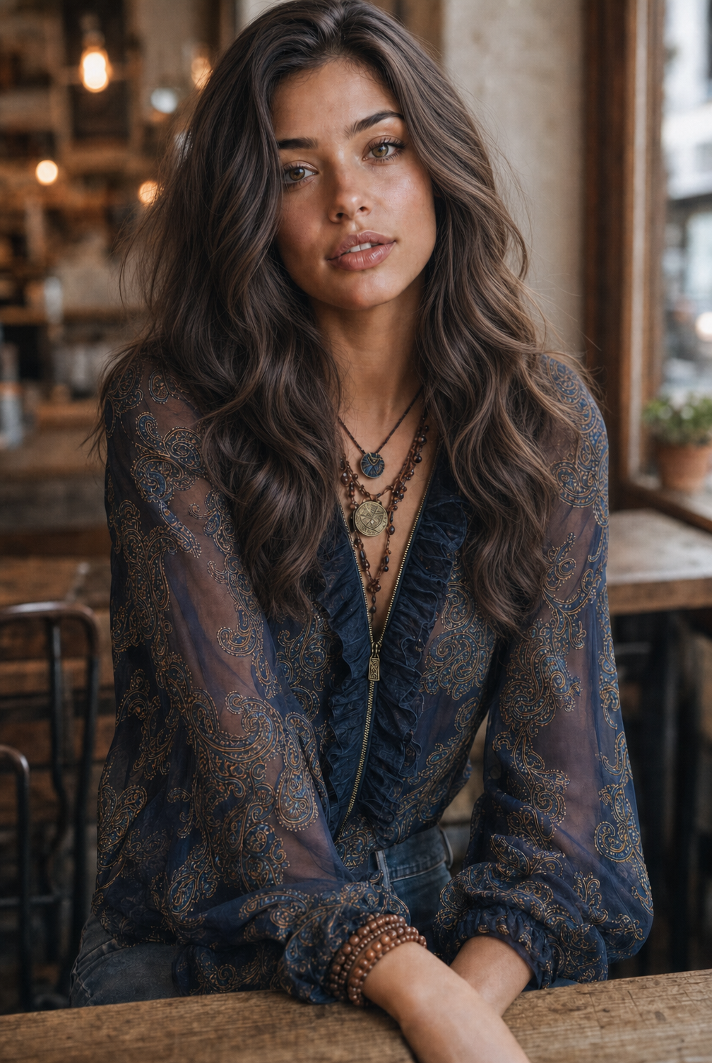 Women’s Navy Paisley Ruffle Zip Front Blouse