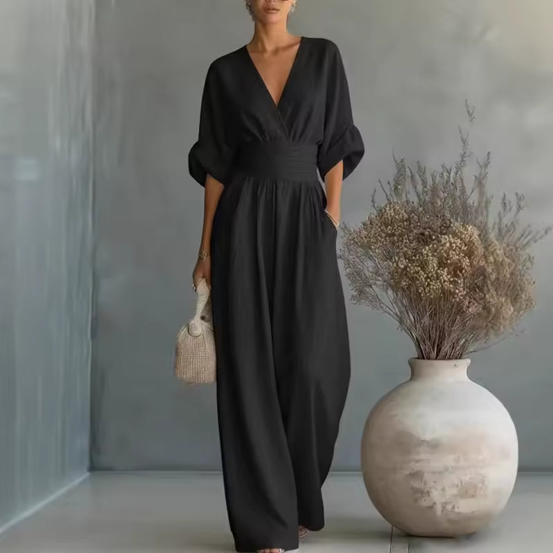 Women’s Deep V-Neck Wide-Leg Evening Jumpsuit