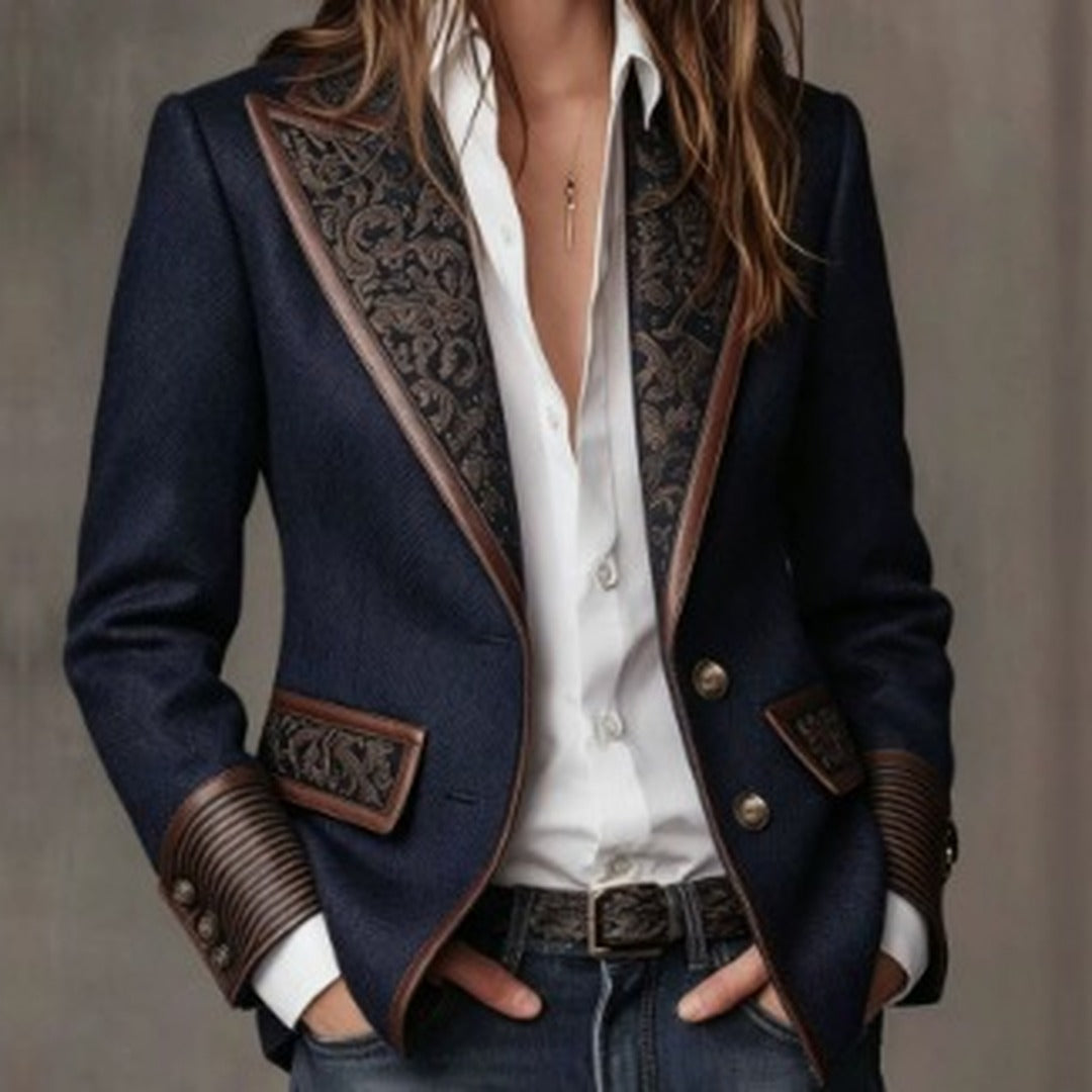 Herringbone blazer with artful printed accents