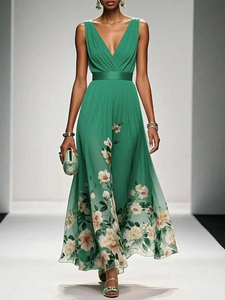 Women’s Light Blue Floral V Neck Maxi Dress
