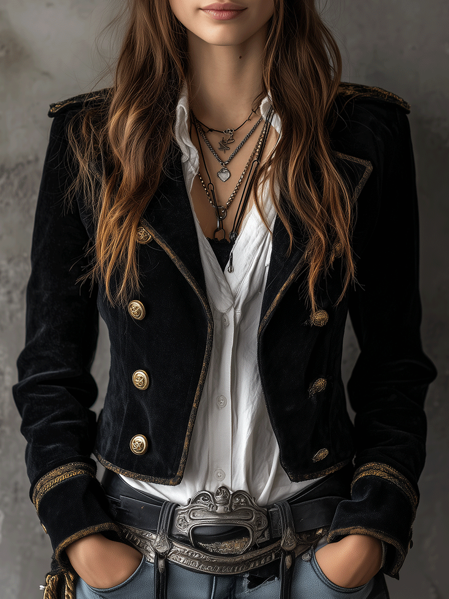Women’s Black Military Gold Button Blazer