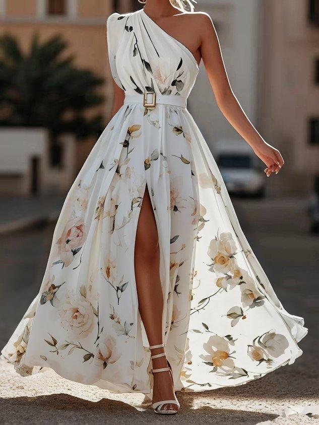 Women’s Light Green Floral One-Shoulder Maxi Dress