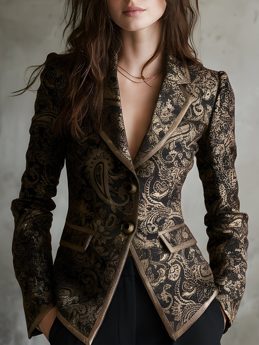 Women’s Paisley Jacquard Shawl Lapel Fitted Blazer