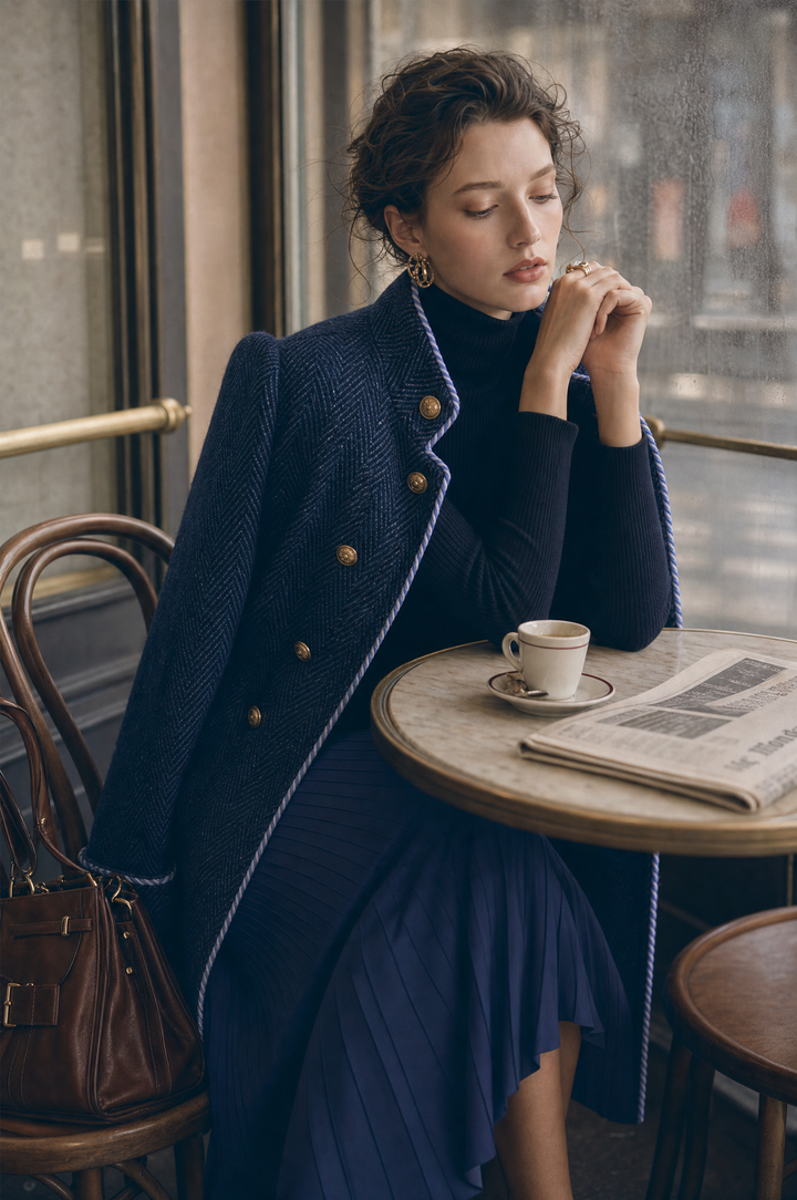 Women’s Herringbone Double-Breasted Long Coat With Contrast Piping