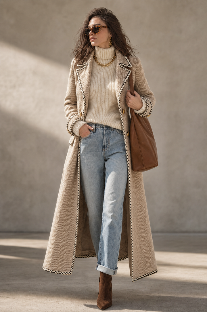 Women’s Vintage Herringbone Double-Breasted Long Coat