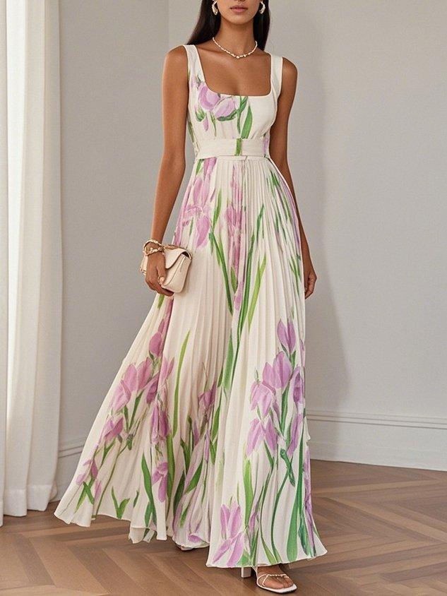 Women’s White Pleated Floral Maxi Dress