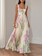 Women’s White Pleated Floral Maxi Dress