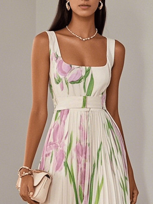 Women’s White Pleated Floral Maxi Dress