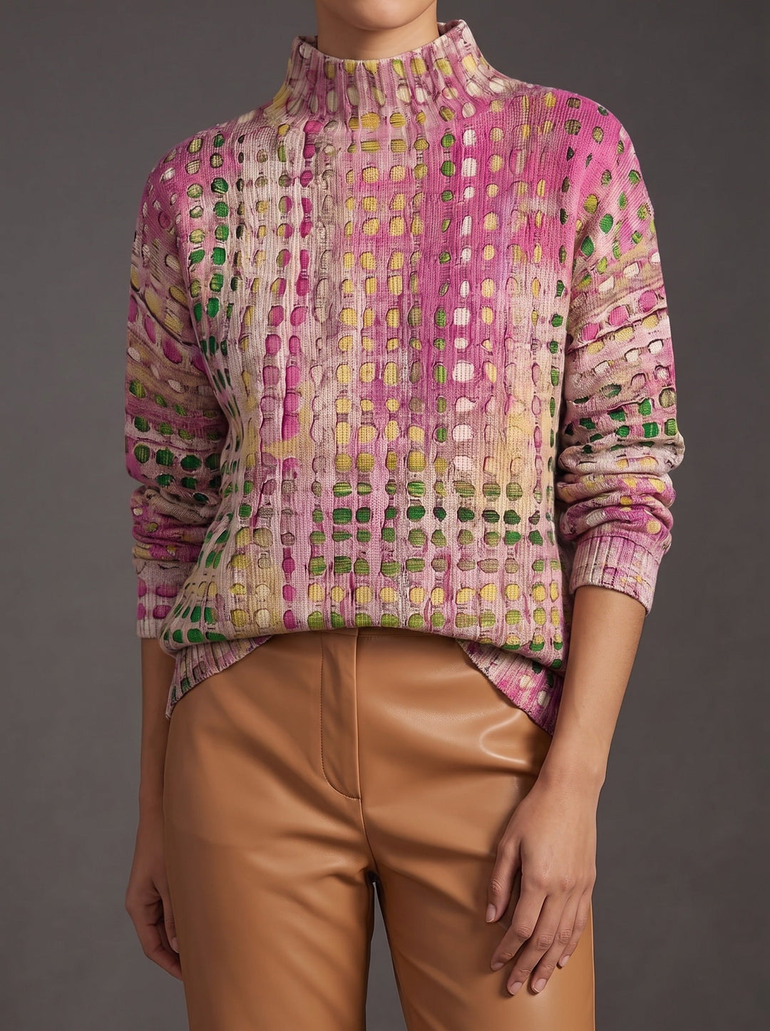 Women’s Dot Lattice Long Sleeve Turtleneck Top