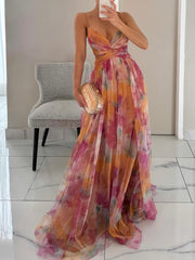 Women’s Painted Floral Print V-Neck Maxi Dress