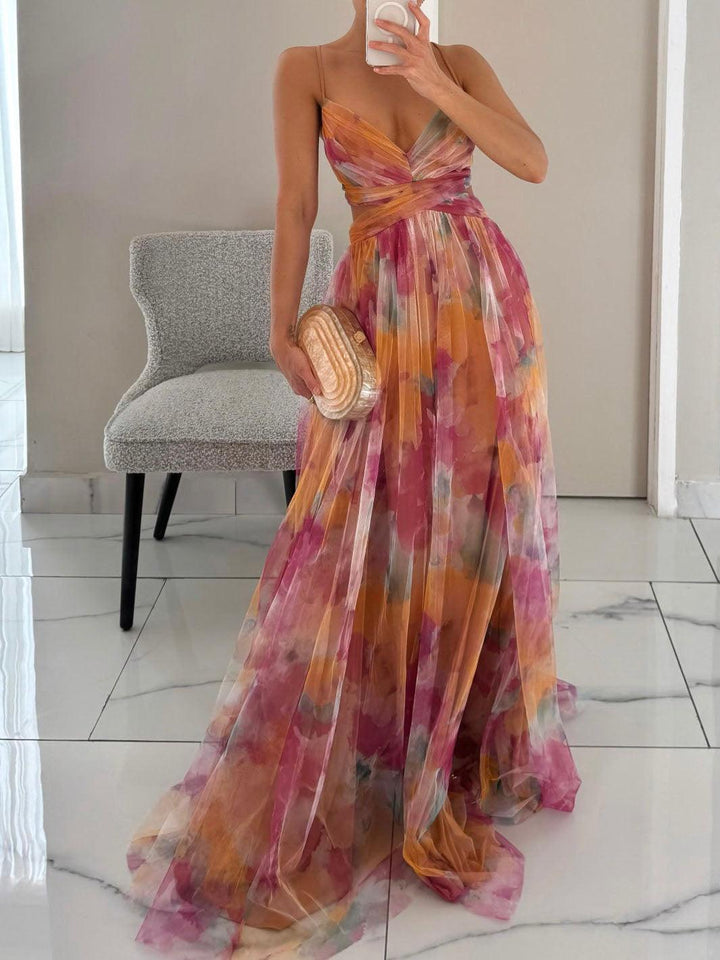 Women’s Painted Floral Print V-Neck Maxi Dress