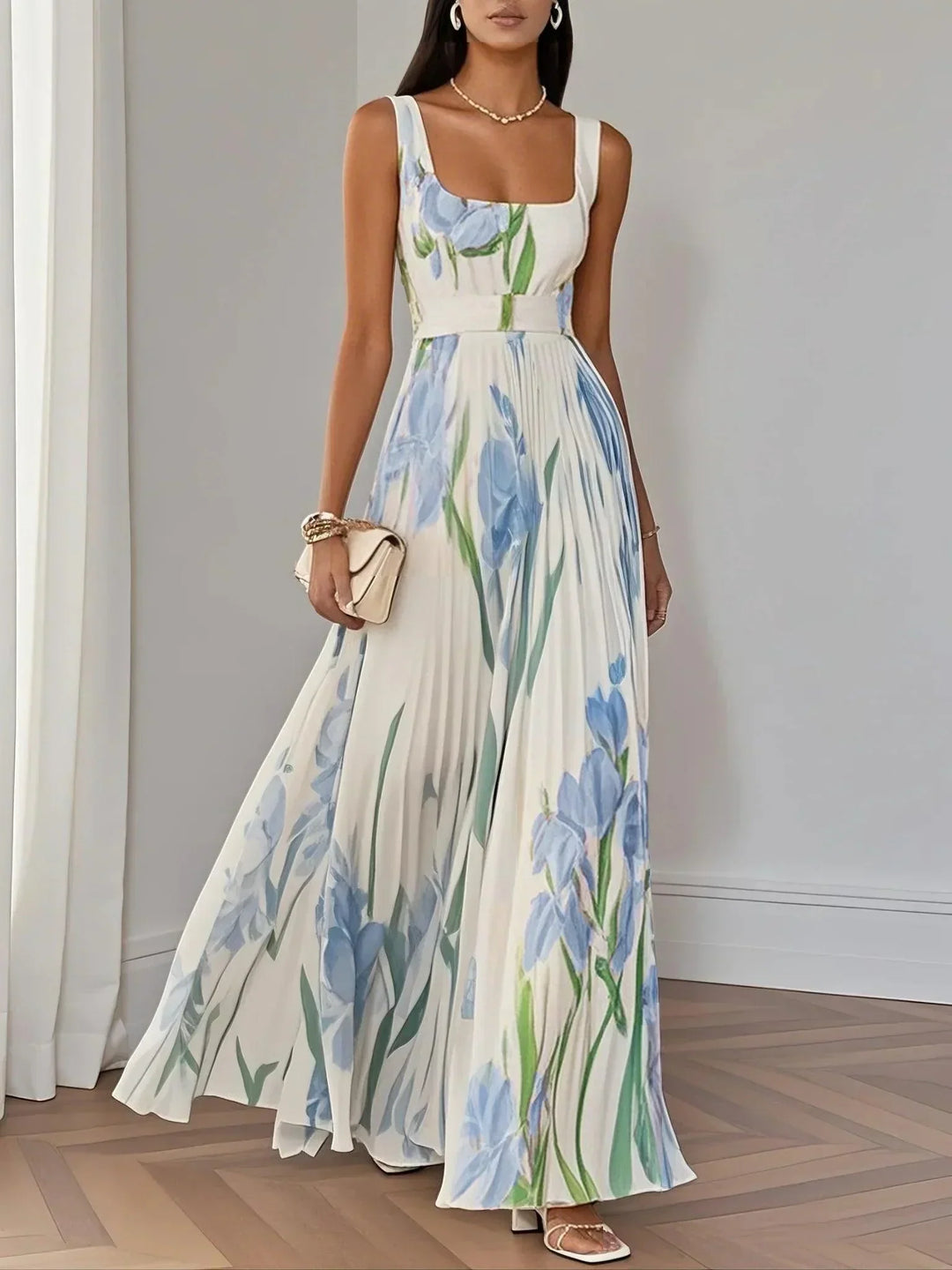 Women’s White Pleated Floral Maxi Dress