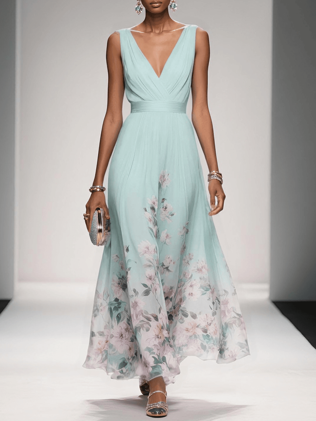 Women’s Light Blue Floral V Neck Maxi Dress