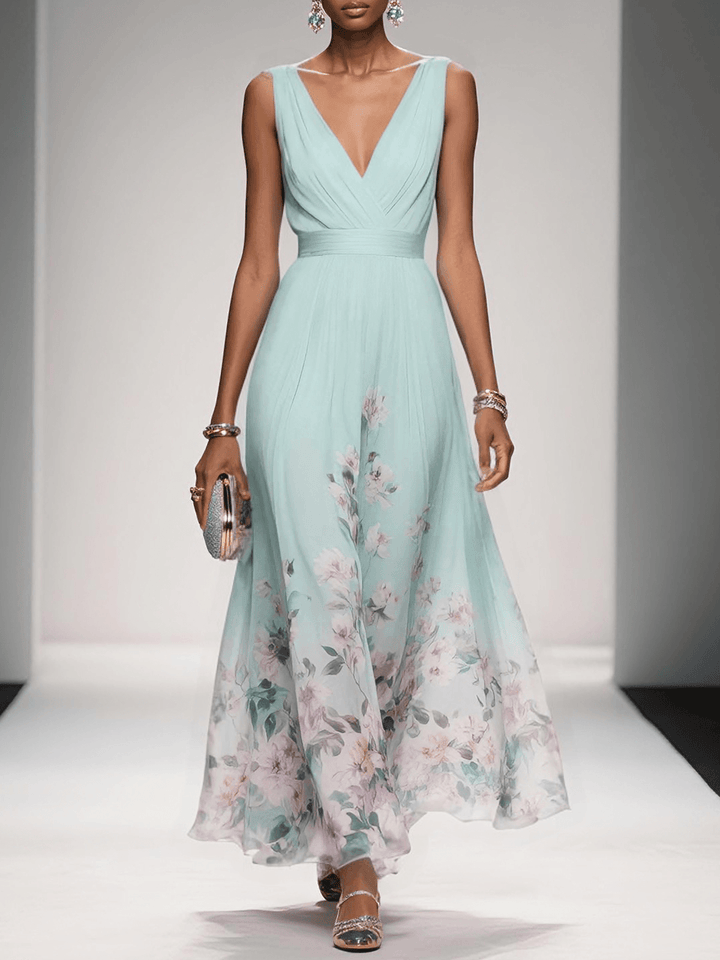 Women’s Light Blue Floral V Neck Maxi Dress