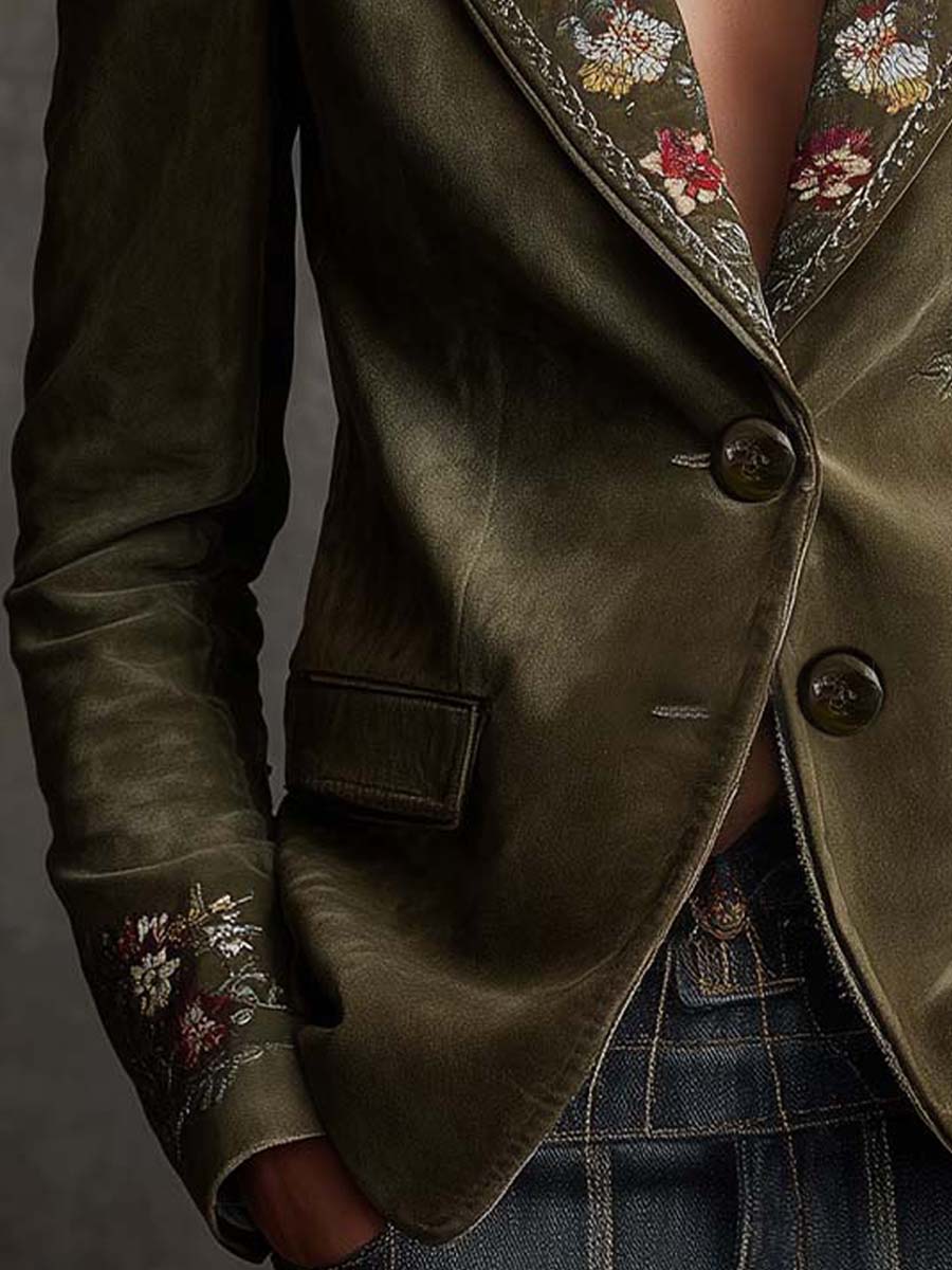 Women’s Olive Green Floral Embroidered Blazer