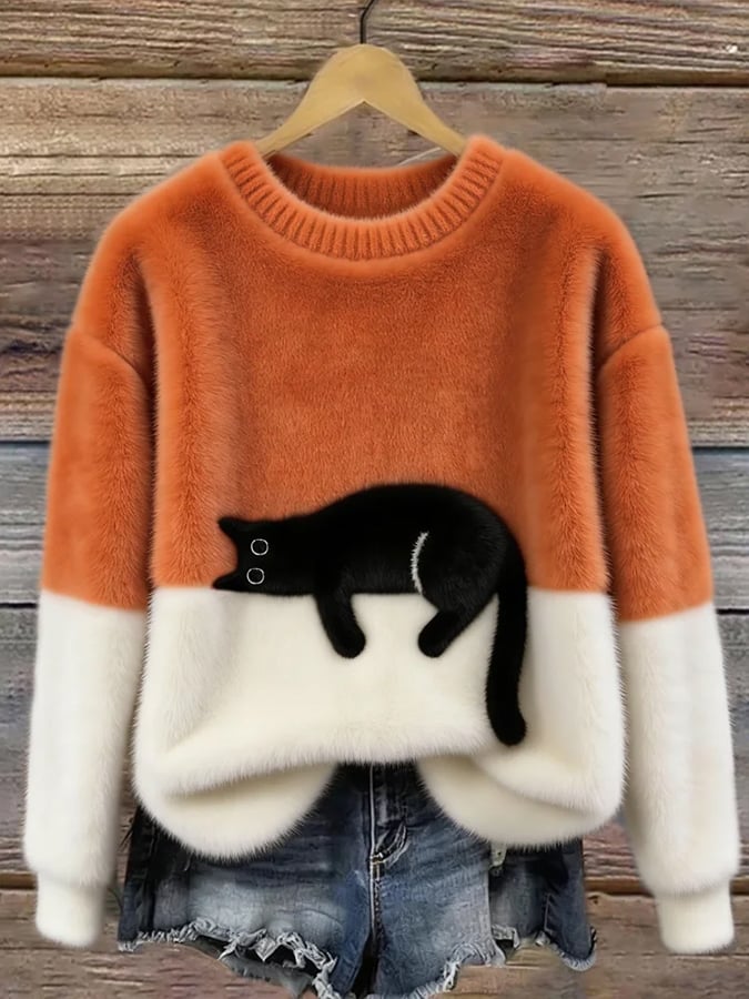 Women’s Cat Graphic Crewneck Pullover Sweater