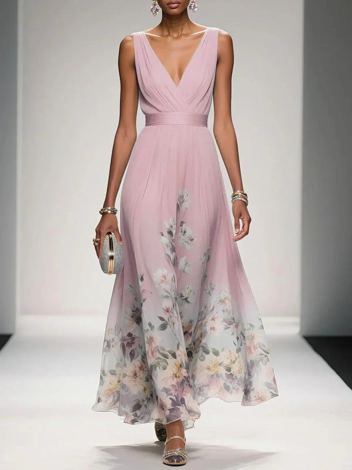 Women’s Light Blue Floral V Neck Maxi Dress