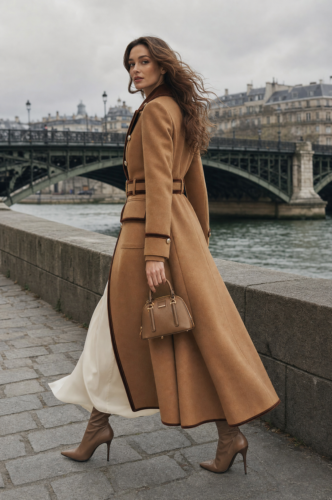 Elegant Double-Breasted Belted Wool Coat With Velvet Trim