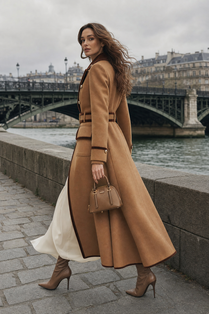 Elegant Double-Breasted Belted Wool Coat With Velvet Trim