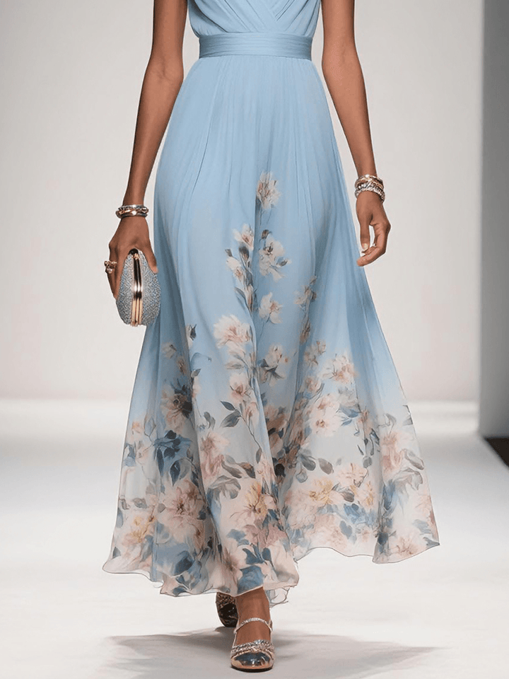 Women’s Light Blue Floral V Neck Maxi Dress