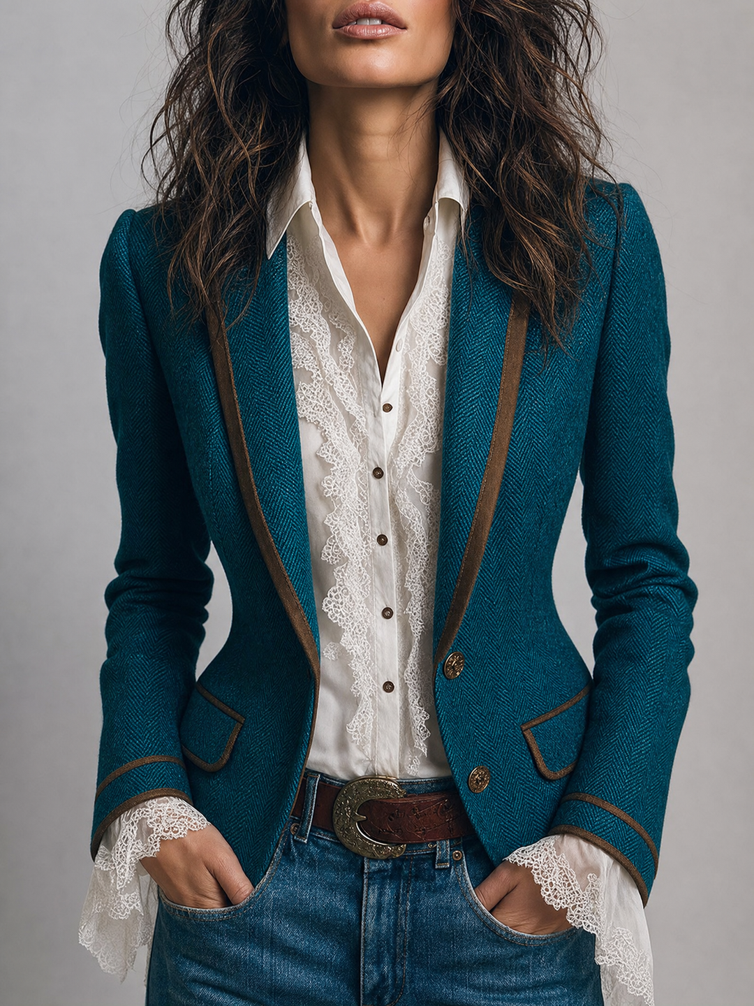 Women’s Herringbone Fitted Contrast Trim Blazer