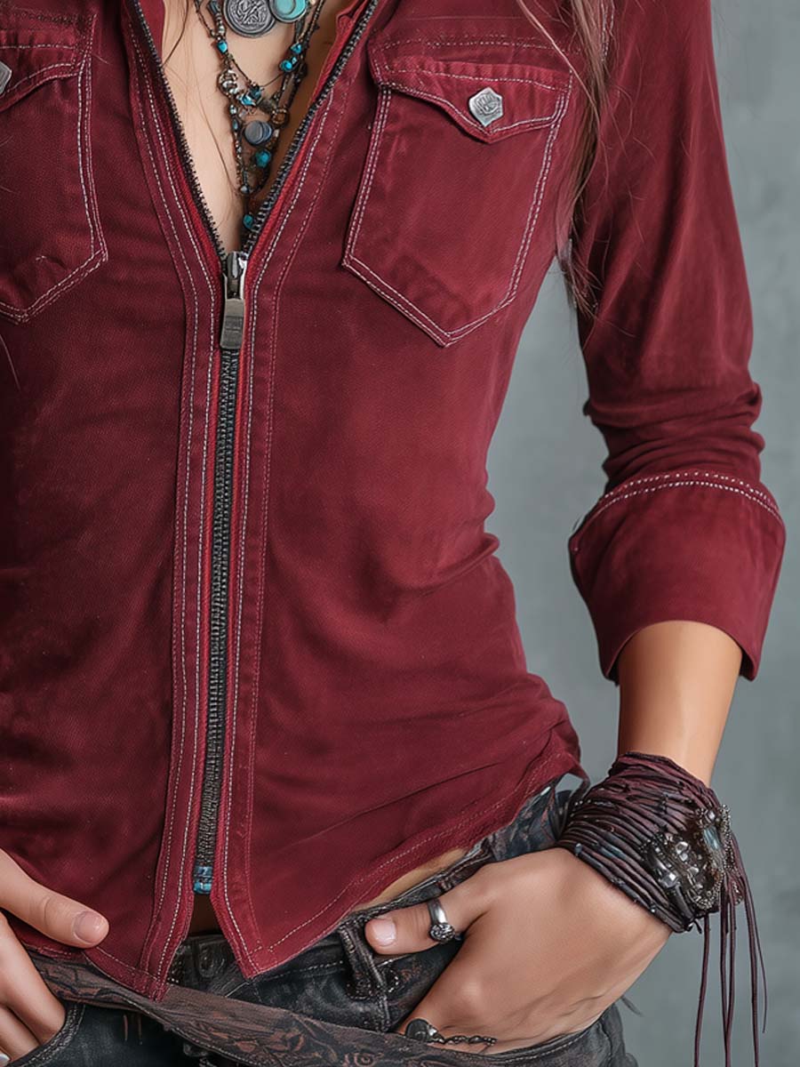 Men’s Vintage Zip Front Distressed Flap Pocket Shirt