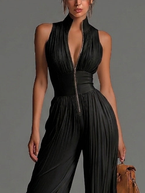 Women’s Black V-Neck Wide-Leg Jumpsuit