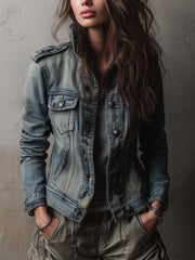 Women’s Washed Faded Utility Jacket With Epaulettes