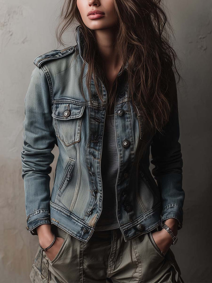 Women’s Washed Faded Utility Trucker Jacket