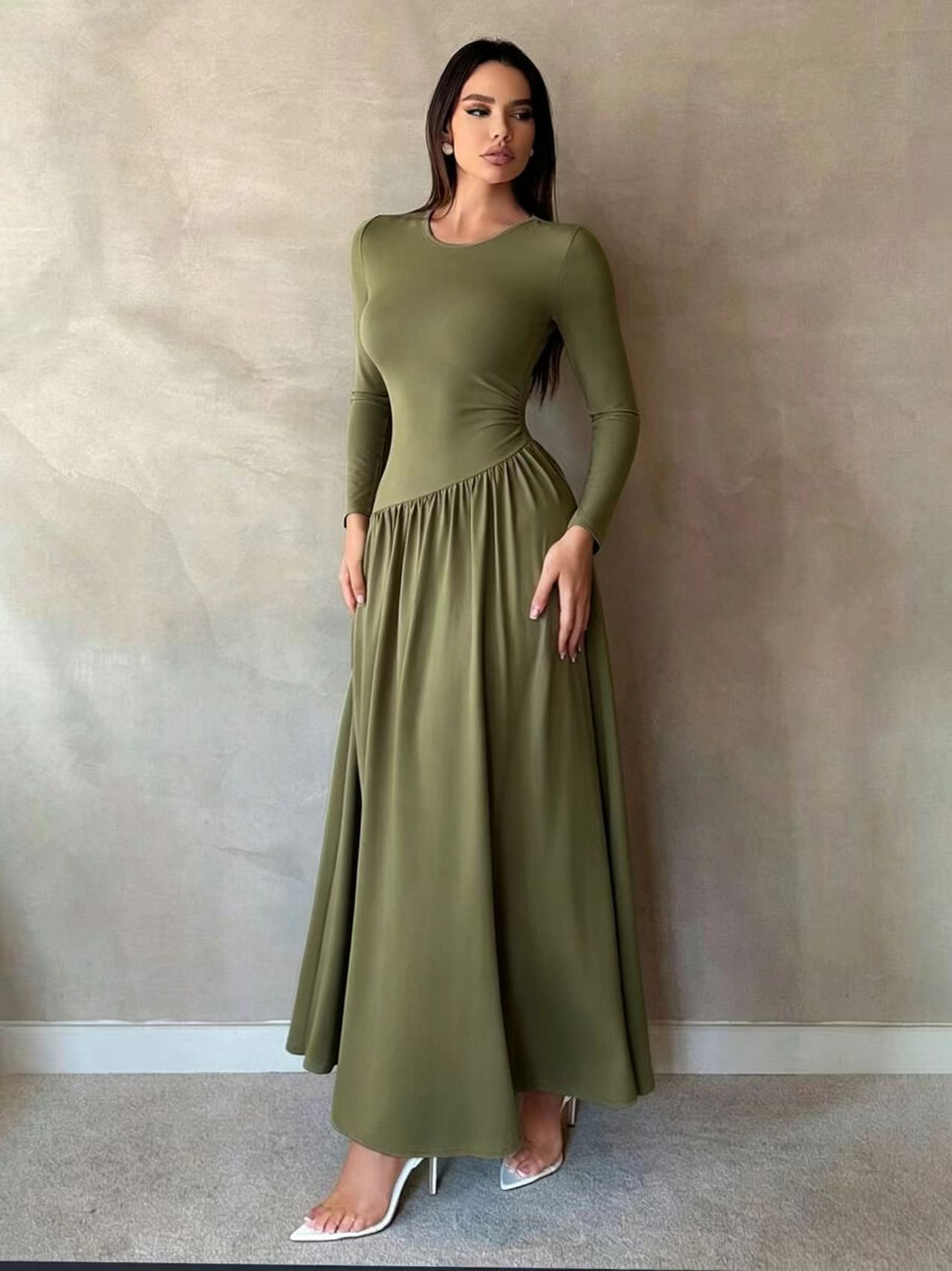 Women’s Long Sleeve Gathered Waist Maxi Dress