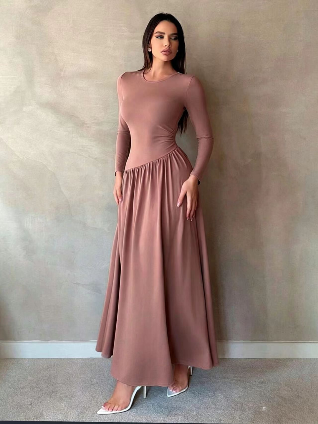Women’s Long Sleeve Gathered Waist Maxi Dress