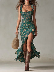 Women’s Boho Floral Side Slit Maxi Dress