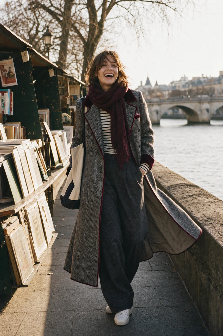 Women’s Herringbone Long Coat With Contrast Trim