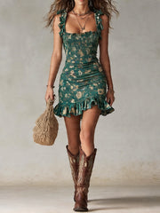 Women’s Boho Printed Ruffle Mini Dress