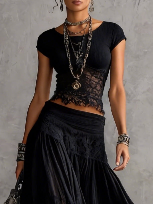 Women’s Black Sheer Panel Top And Pleated Maxi Skirt Set