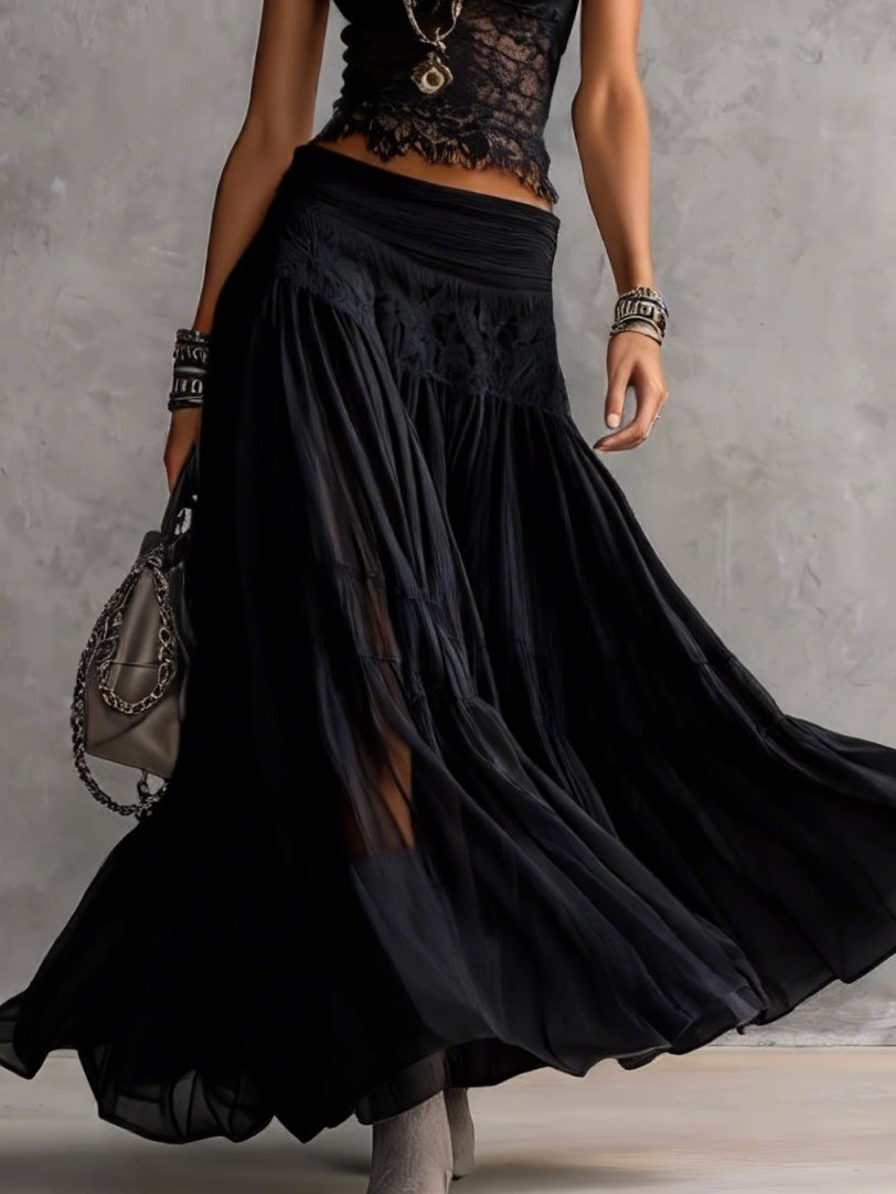 Women’s Black Sheer Panel Top And Pleated Maxi Skirt Set