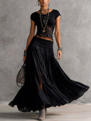 Women’s Black Sheer Panel Top And Pleated Maxi Skirt Set