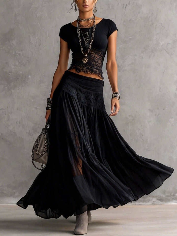 Women’s Black Sheer Panel Top And Pleated Maxi Skirt Set