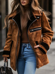 Women’s Retro Colorblock Zip Front Coat