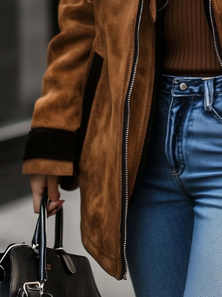 Women’s Retro Colorblock Zip Front Coat