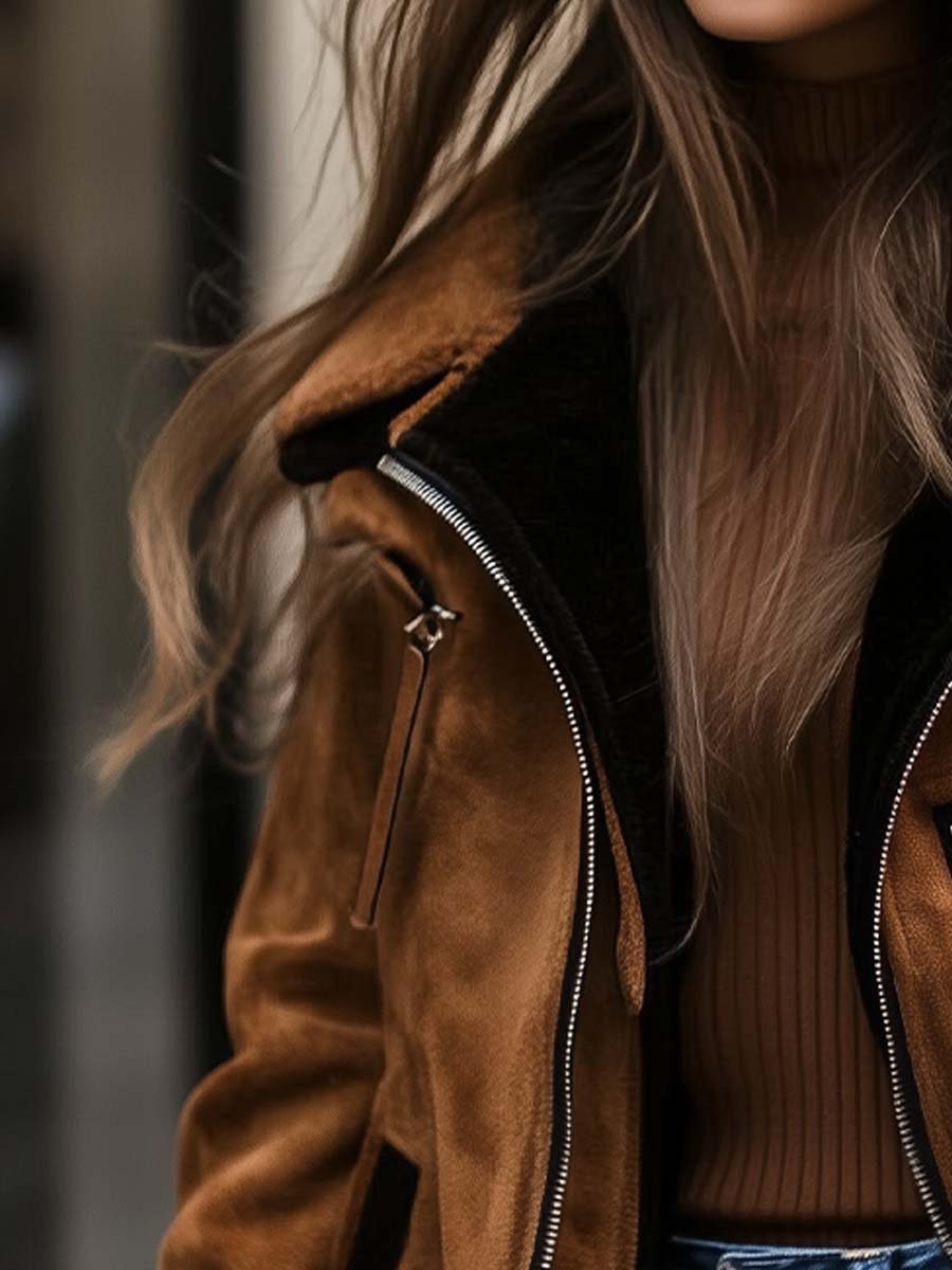 Women’s Retro Colorblock Zip Front Coat