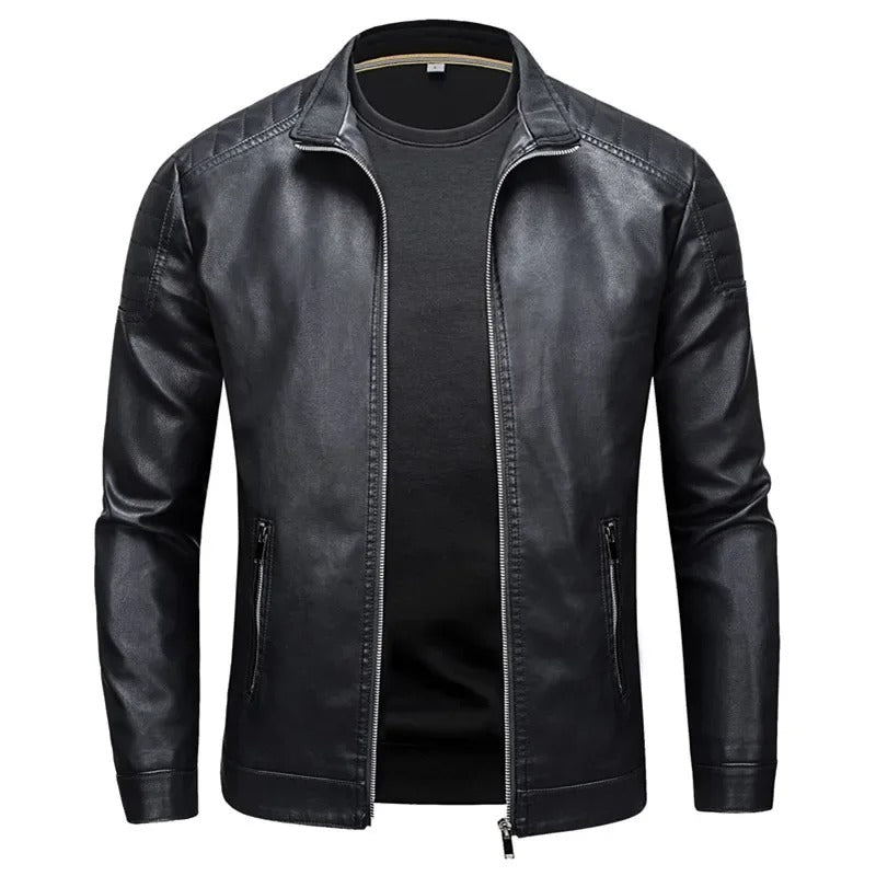 Men’s Stand Collar Zip Up Biker Jacket
