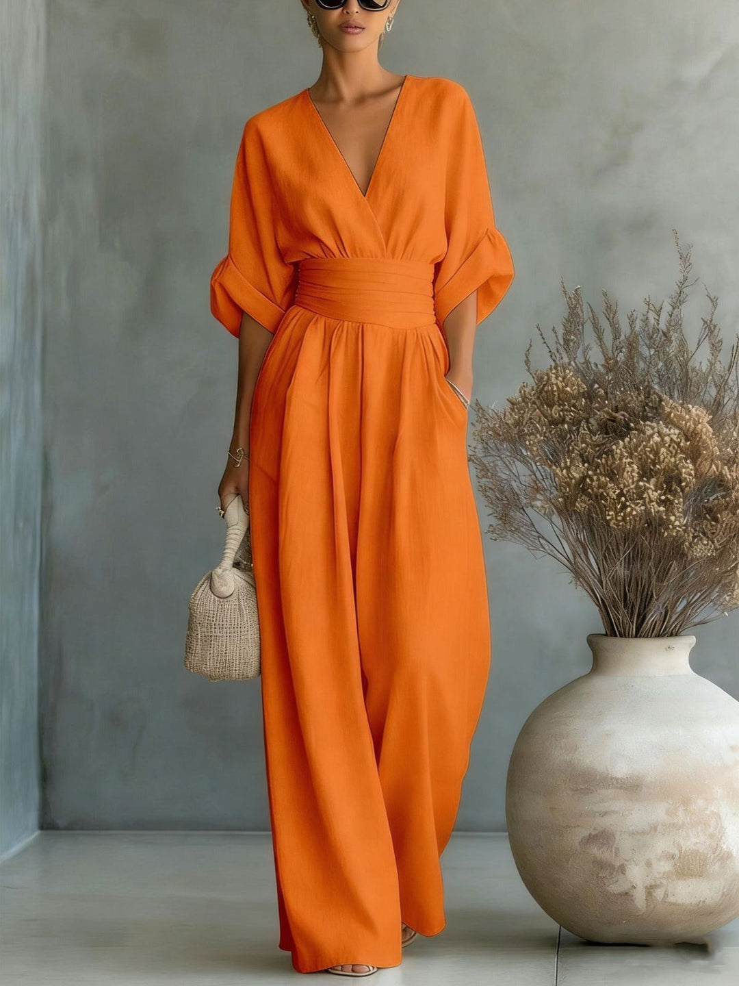 Women’s Deep V-Neck Wide-Leg Evening Jumpsuit